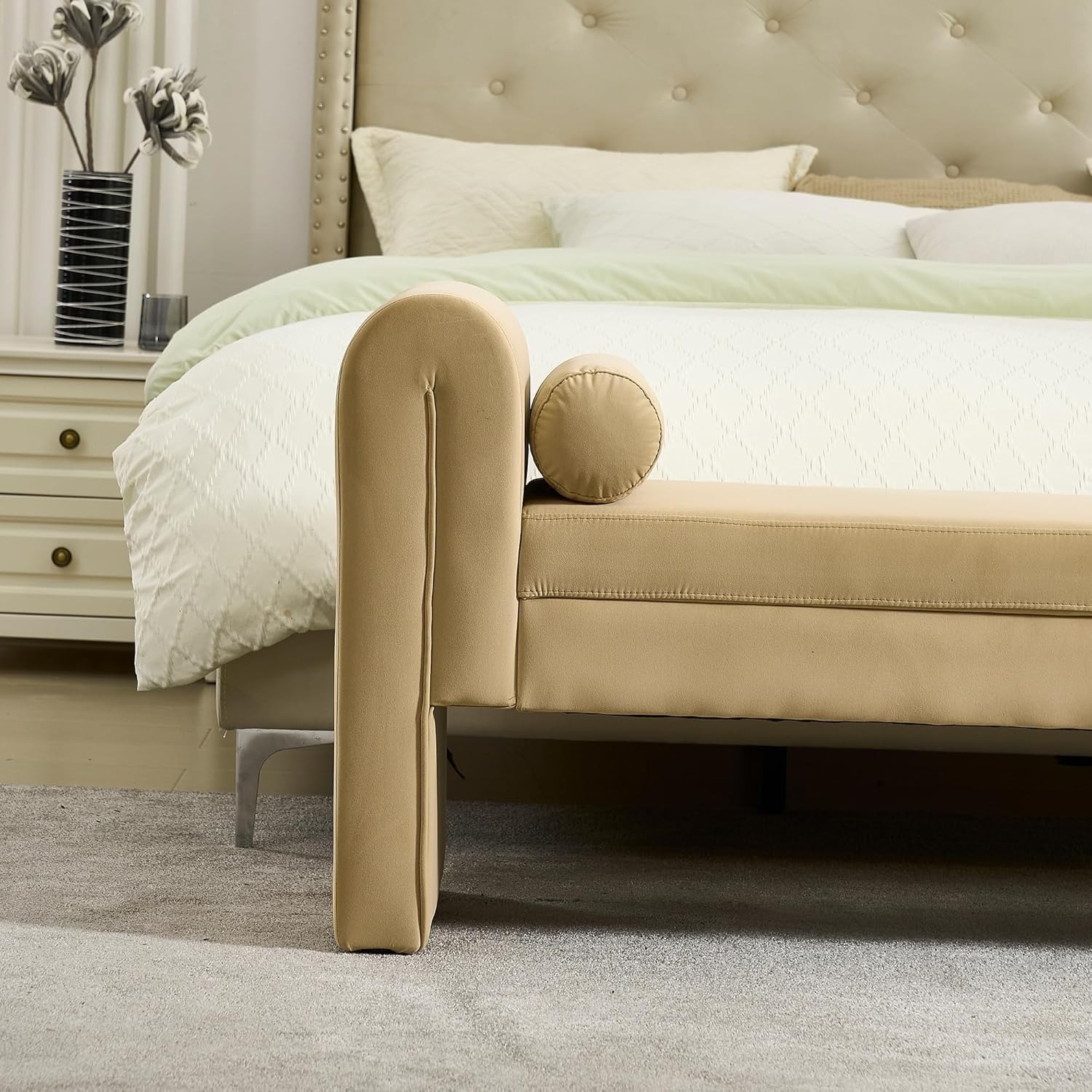 Velvet Bench for Bedroom End of Bed, 60.5- inch Upholstered Button Tufted Ottoman Bench with Rolled Arms, Button-Tufted Ottoman for Living Room, Entryway