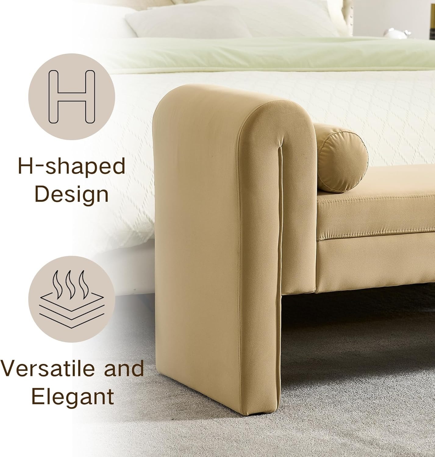 Velvet Bench for Bedroom End of Bed, 60.5- inch Upholstered Button Tufted Ottoman Bench with Rolled Arms, Button-Tufted Ottoman for Living Room, Entryway