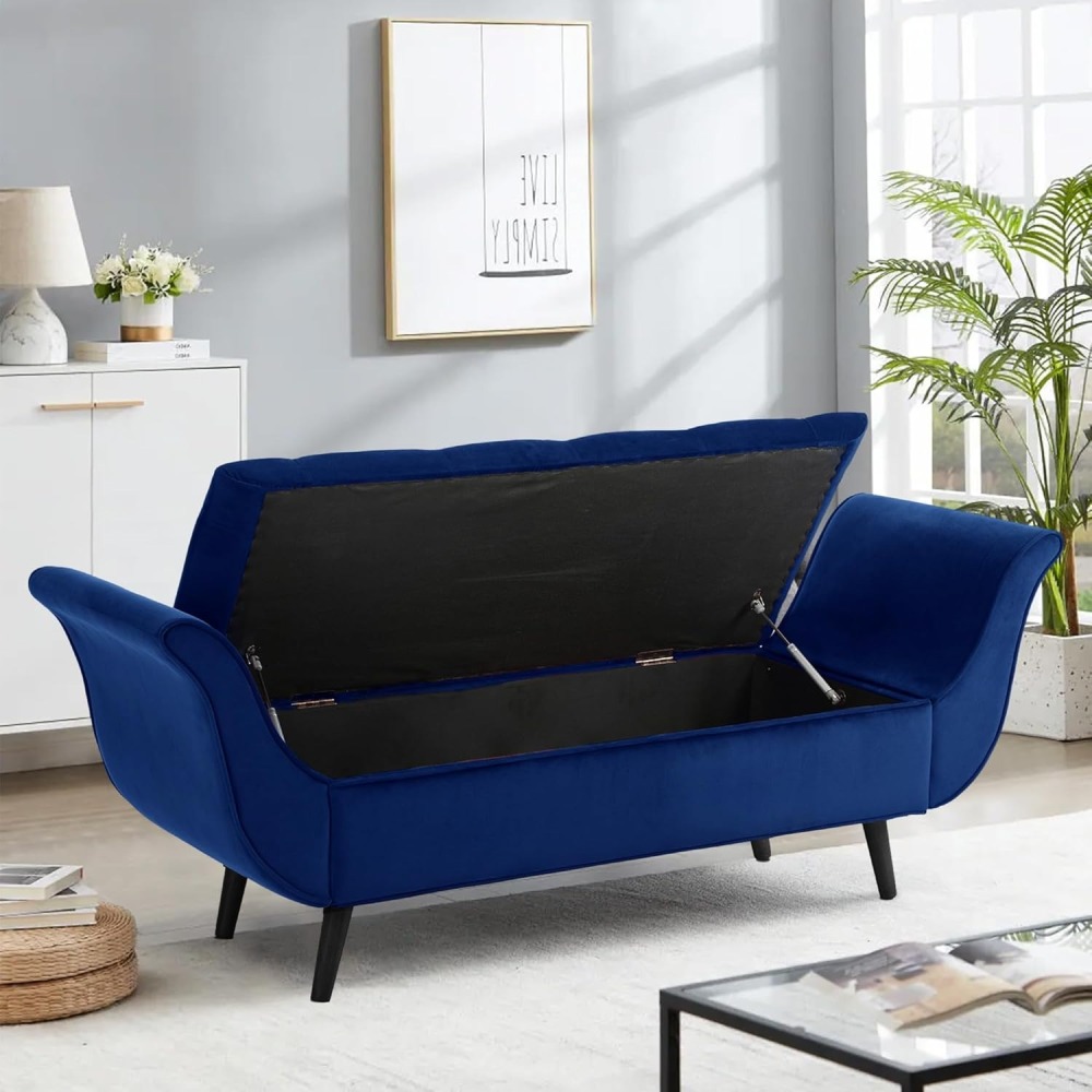 Storage Bench for Bedroom, 65" Velvet End of Bed Bench Button-Tufted Upholstered Storage Ottoman Armed Long Bench Solid Wood Legs 2 Pillows for Entryway Living Room Dining Room