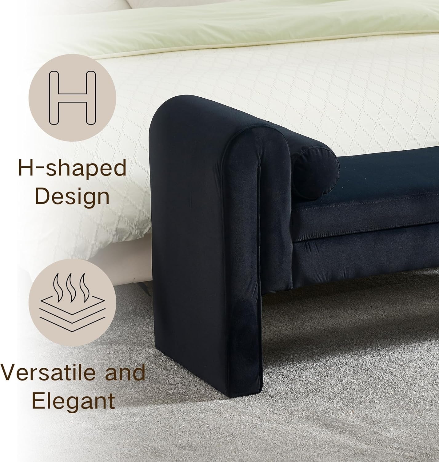 Velvet Bench for Bedroom End of Bed, 60.5- inch Upholstered Button Tufted Ottoman Bench with Rolled Arms, Button-Tufted Ottoman for Living Room, Entryway