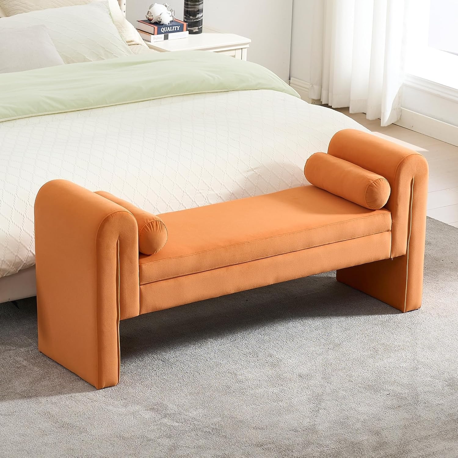Velvet Bench for Bedroom End of Bed, 60.5- inch Upholstered Button Tufted Ottoman Bench with Rolled Arms, Button-Tufted Ottoman for Living Room, Entryway