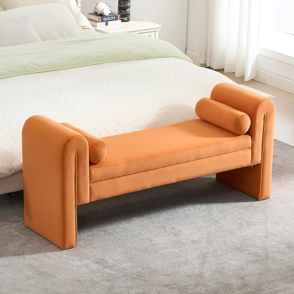 Velvet Bench for Bedroom End of Bed, 60.5- inch Upholstered Button Tufted Ottoman Bench with Rolled Arms, Button-Tufted Ottoman for Living Room, Entryway