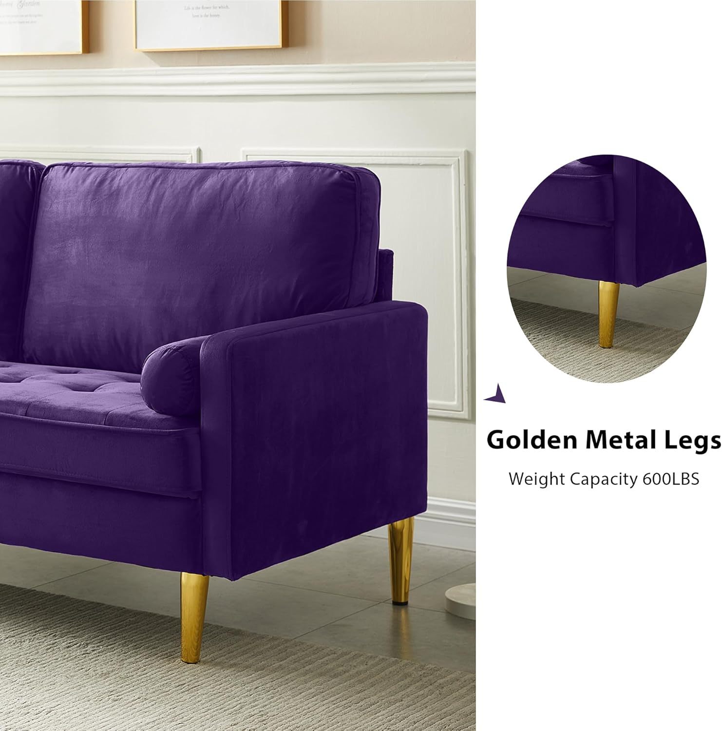 66" LoveSeat Sofa, Love Seat Couch, Mid Century Modern Couchs Velvet Fabric Pull Dot Design Sofas with Two Round Pillows for Small Spaces, Living Room, Dorm, Bedroom, Apartment
