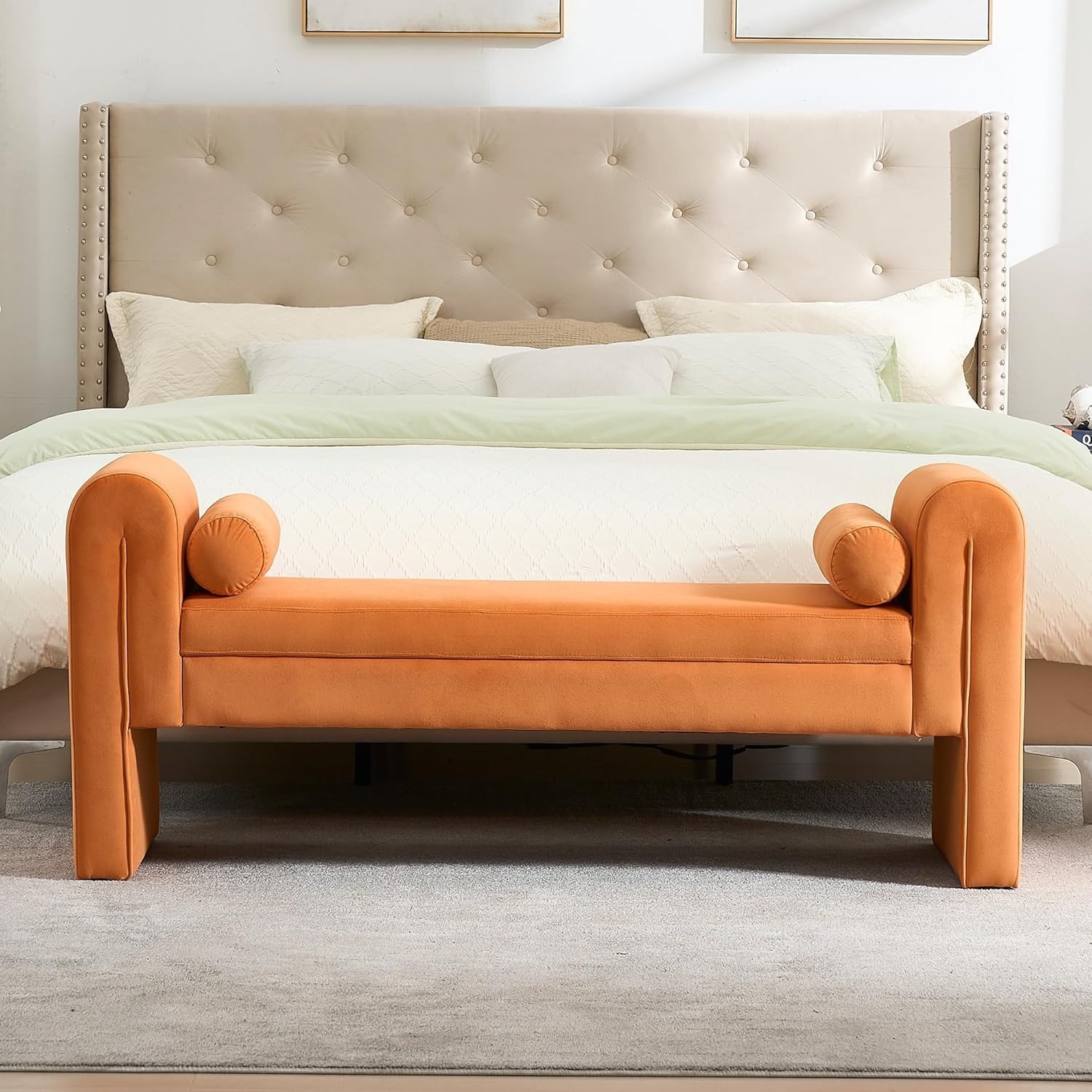 Velvet Bench for Bedroom End of Bed, 60.5- inch Upholstered Button Tufted Ottoman Bench with Rolled Arms, Button-Tufted Ottoman for Living Room, Entryway