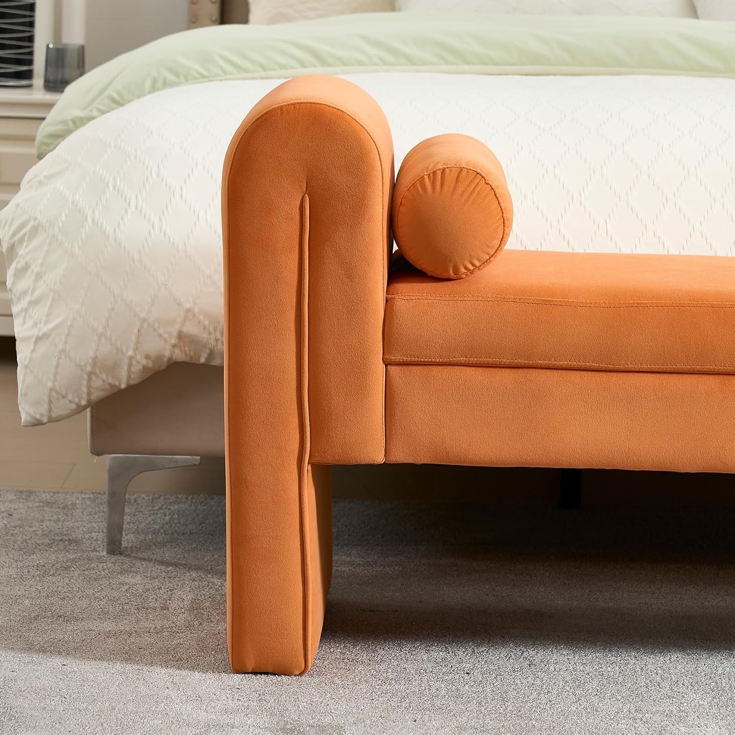 Velvet Bench for Bedroom End of Bed, 60.5- inch Upholstered Button Tufted Ottoman Bench with Rolled Arms, Button-Tufted Ottoman for Living Room, Entryway