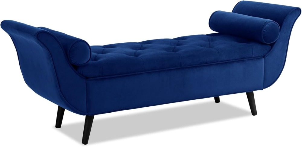 Storage Bench for Bedroom, 65" Velvet End of Bed Bench Button-Tufted Upholstered Storage Ottoman Armed Long Bench Solid Wood Legs 2 Pillows for Entryway Living Room Dining Room