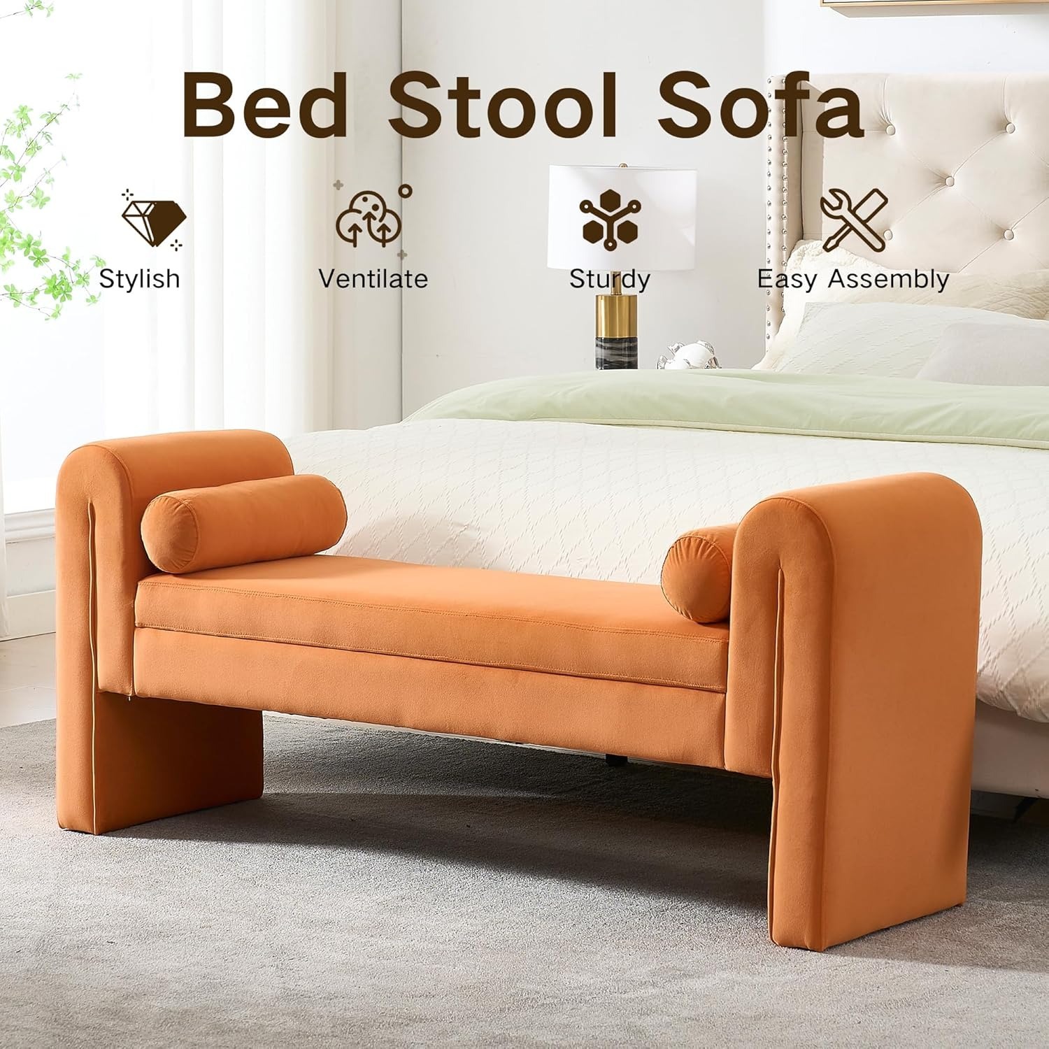 Velvet Bench for Bedroom End of Bed, 60.5- inch Upholstered Button Tufted Ottoman Bench with Rolled Arms, Button-Tufted Ottoman for Living Room, Entryway