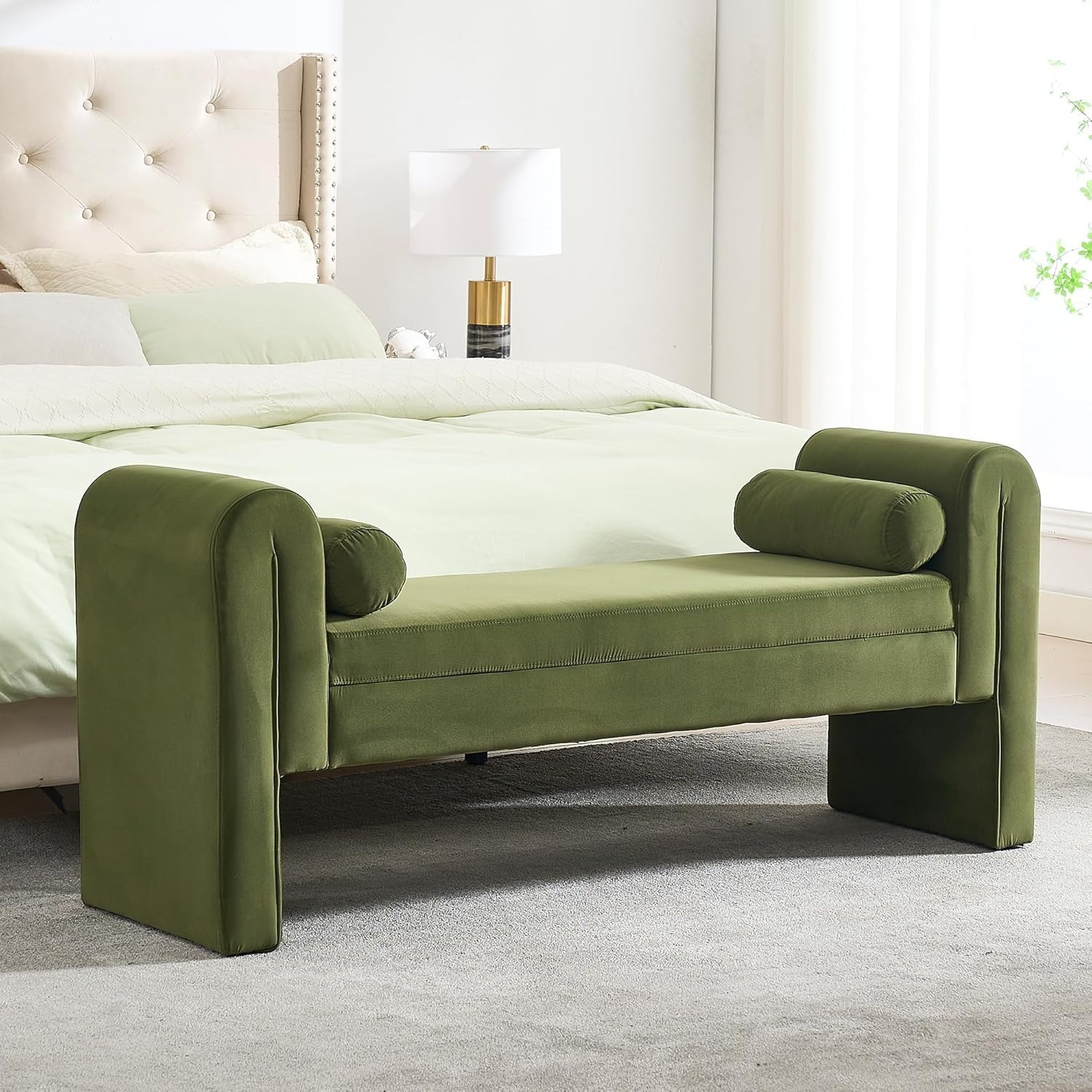 Velvet Bench for Bedroom End of Bed, 60.5- inch Upholstered Button Tufted Ottoman Bench with Rolled Arms, Button-Tufted Ottoman for Living Room, Entryway