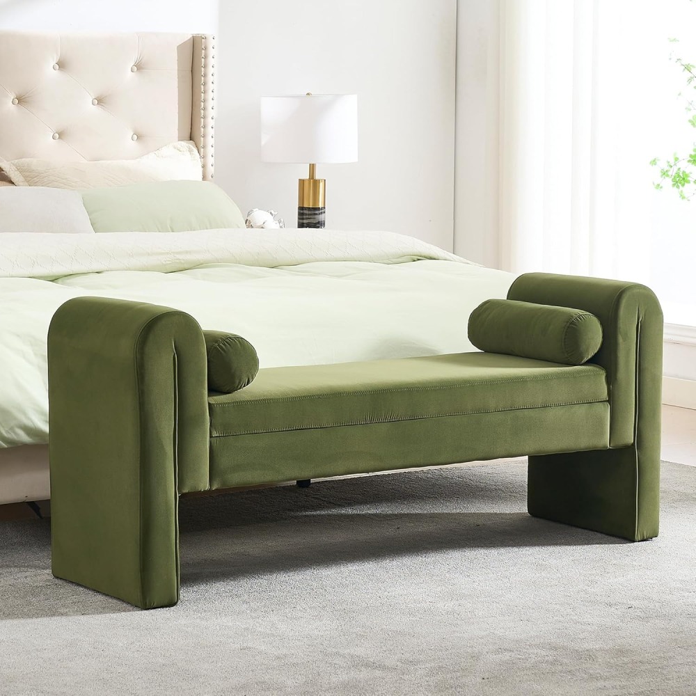 Velvet Bench for Bedroom End of Bed, 60.5- inch Upholstered Button Tufted Ottoman Bench with Rolled Arms, Button-Tufted Ottoman for Living Room, Entryway