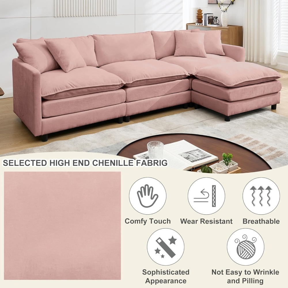 Modular Convertible Sectional Couch, 5 Seat U Shaped Couch Sofa Reversible Chaise Sectional Sofa Deep Seat Cloud Couch Chenille for Home, Apartment, Dorm Living Room