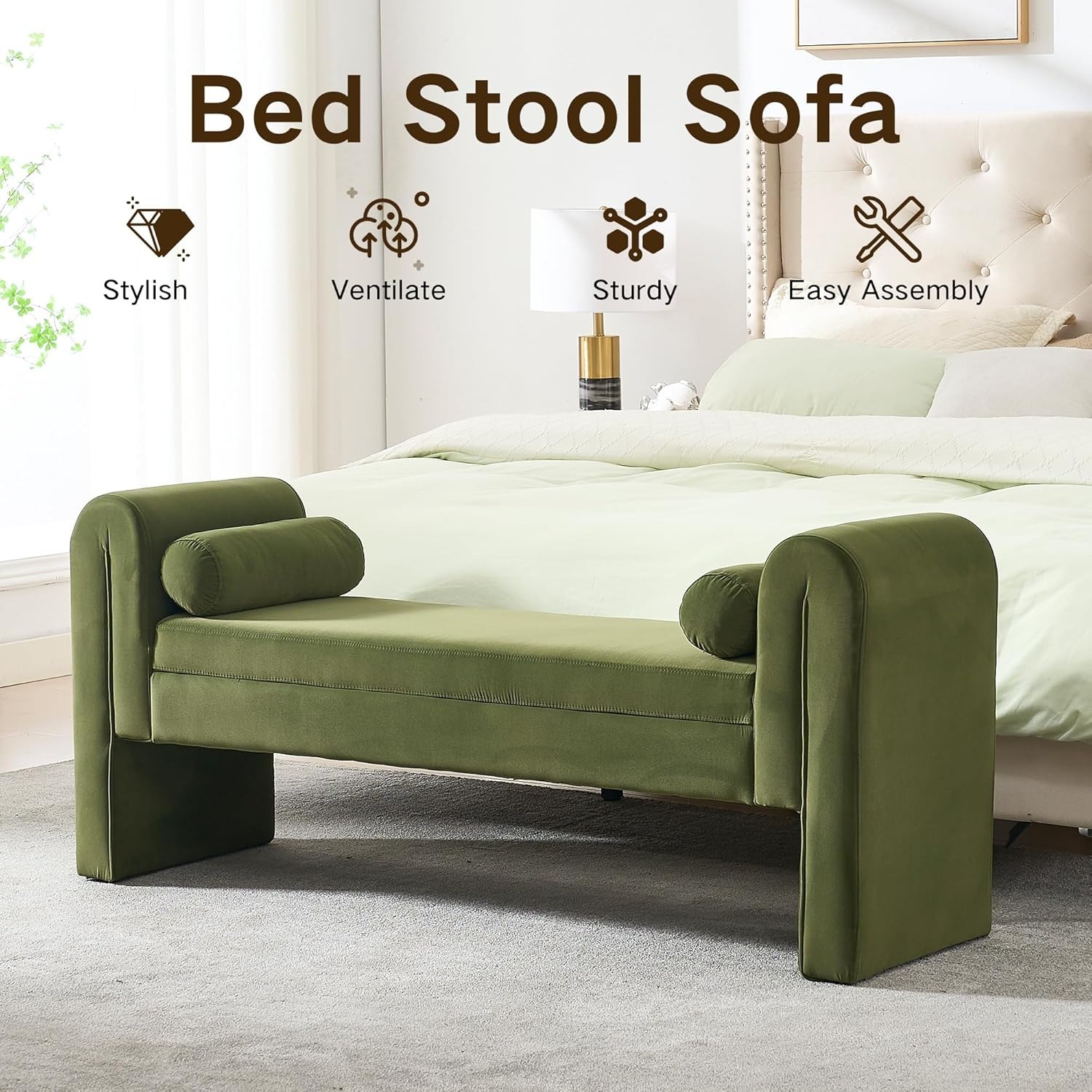 Velvet Bench for Bedroom End of Bed, 60.5- inch Upholstered Button Tufted Ottoman Bench with Rolled Arms, Button-Tufted Ottoman for Living Room, Entryway