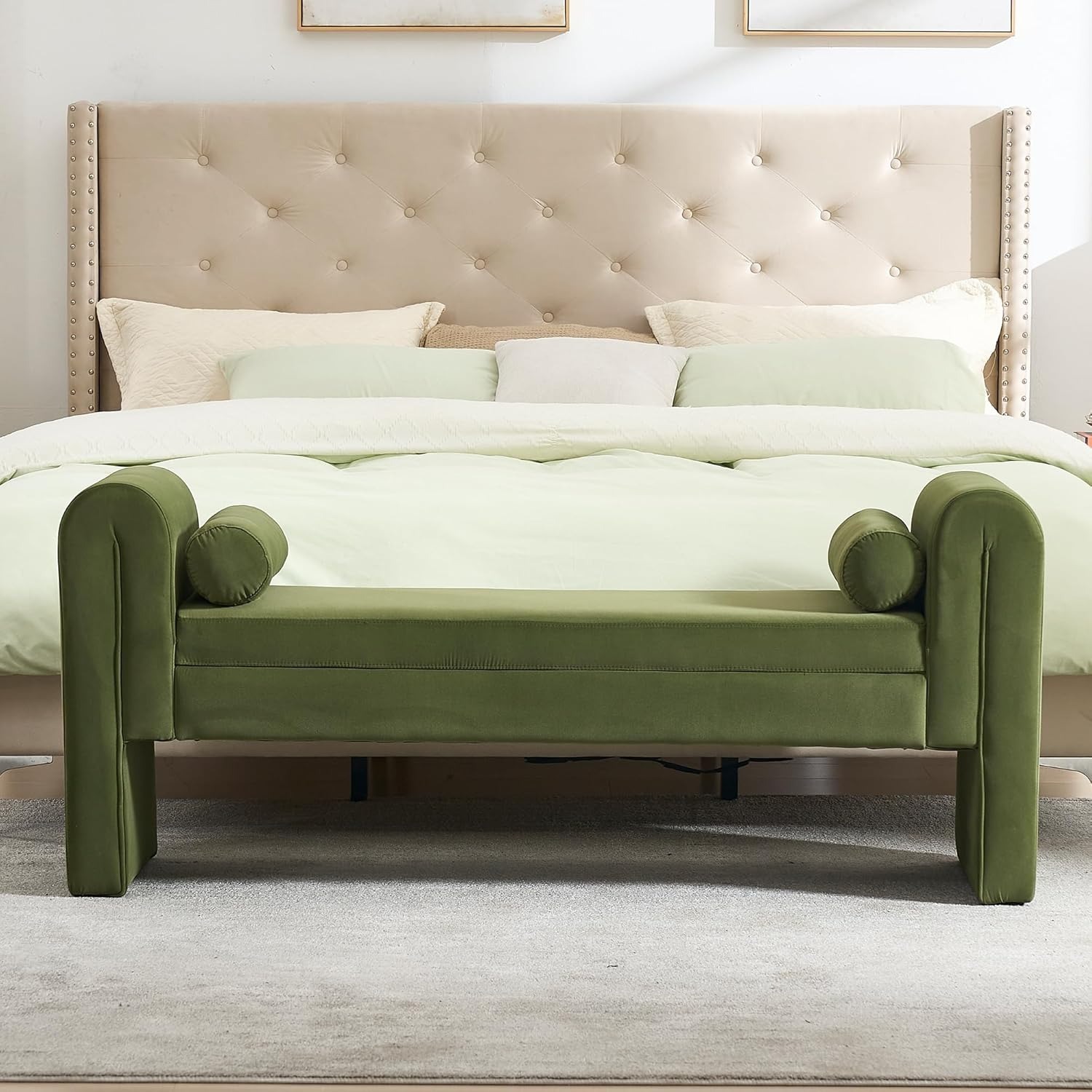 Velvet Bench for Bedroom End of Bed, 60.5- inch Upholstered Button Tufted Ottoman Bench with Rolled Arms, Button-Tufted Ottoman for Living Room, Entryway
