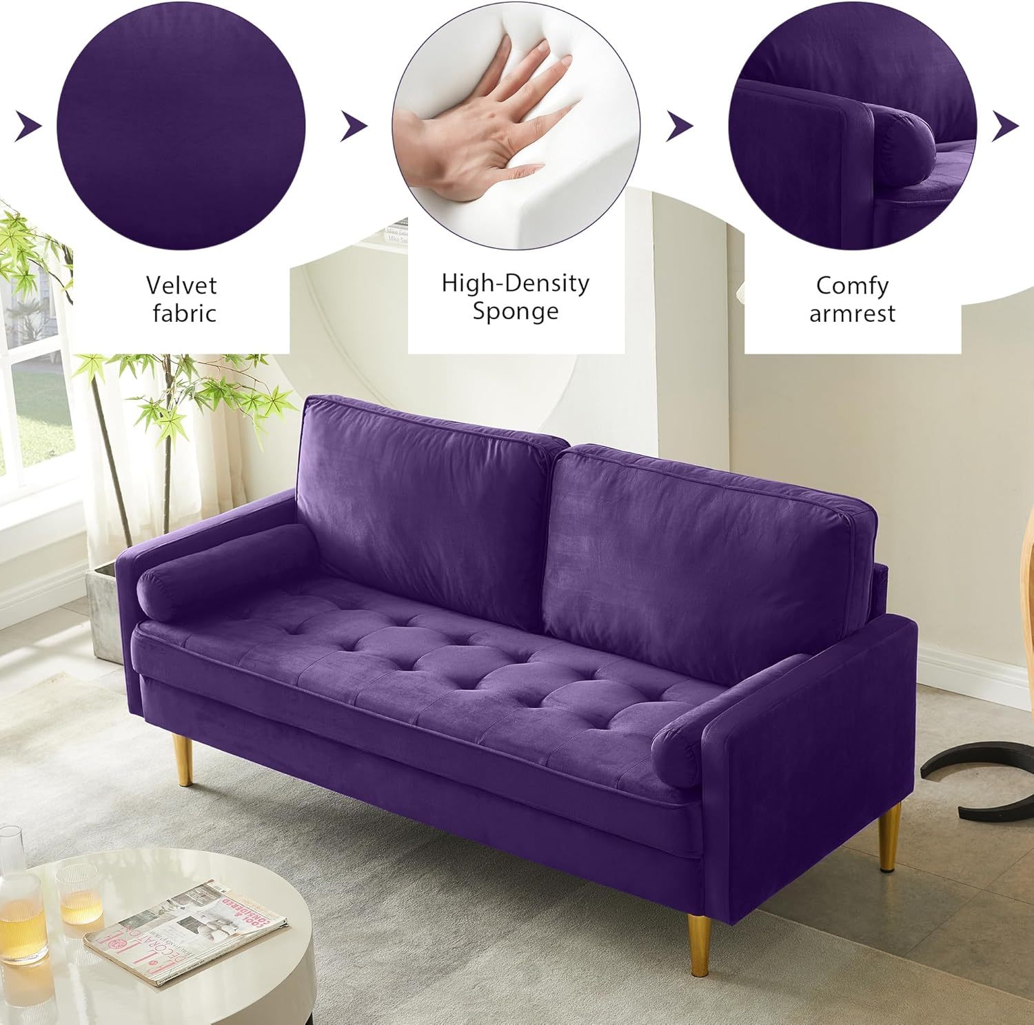 67" LoveSeat Sofa, Love Seat Couch, Mid Century Modern Couchs Velvet Fabric Pull Dot Design Sofas with Two Round Pillows for Small Spaces, Living Room, Dorm, Bedroom, Apartment (67 Navy)