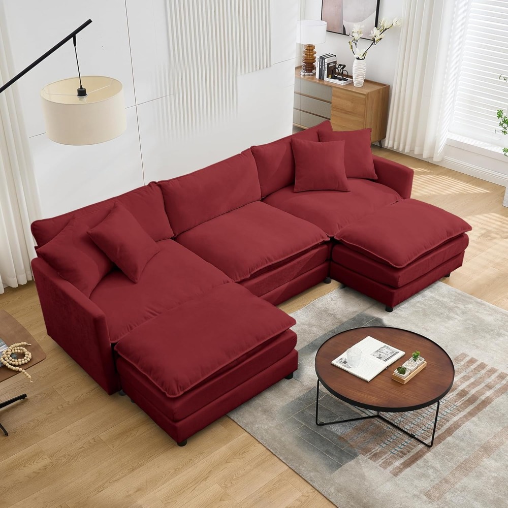 Modular Convertible Sectional Couch, 5 Seat U Shaped Couch Sofa Reversible Chaise Sectional Sofa Deep Seat Cloud Couch Chenille for Home, Apartment, Dorm Living Room