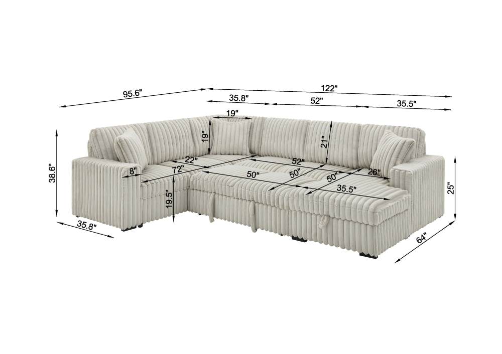 122-Inch Oversized Sectional Sleeper Sofa with Pull Out Bed and Storage Chaise Lounge for Living Room, Plush Extra Soft Corduroy U Shaped 6 Seat Sectional Sofa Bed Couch with USB Port - Gray