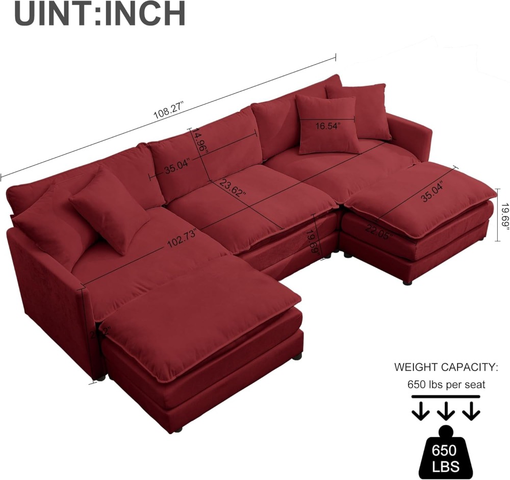 Modular Convertible Sectional Couch, 5 Seat U Shaped Couch Sofa Reversible Chaise Sectional Sofa Deep Seat Cloud Couch Chenille for Home, Apartment, Dorm Living Room