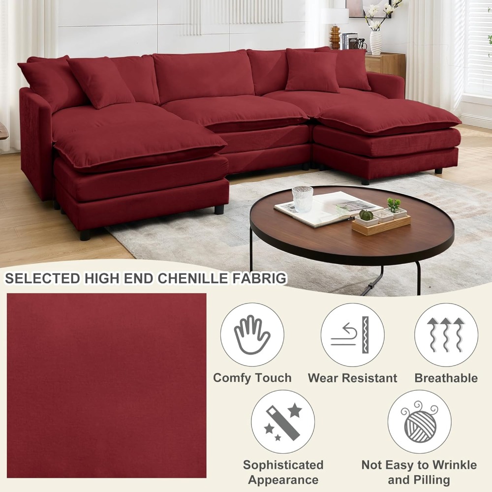 Modular Convertible Sectional Couch, 5 Seat U Shaped Couch Sofa Reversible Chaise Sectional Sofa Deep Seat Cloud Couch Chenille for Home, Apartment, Dorm Living Room