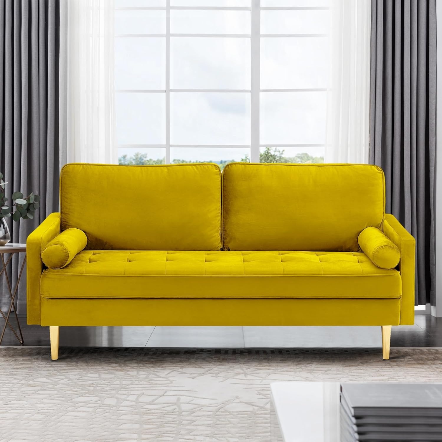 67" LoveSeat Sofa, Love Seat Couch, Mid Century Modern Couchs Velvet Fabric Pull Dot Design Sofas with Two Round Pillows for Small Spaces, Living Room, Dorm, Bedroom, Apartment (67 Navy)