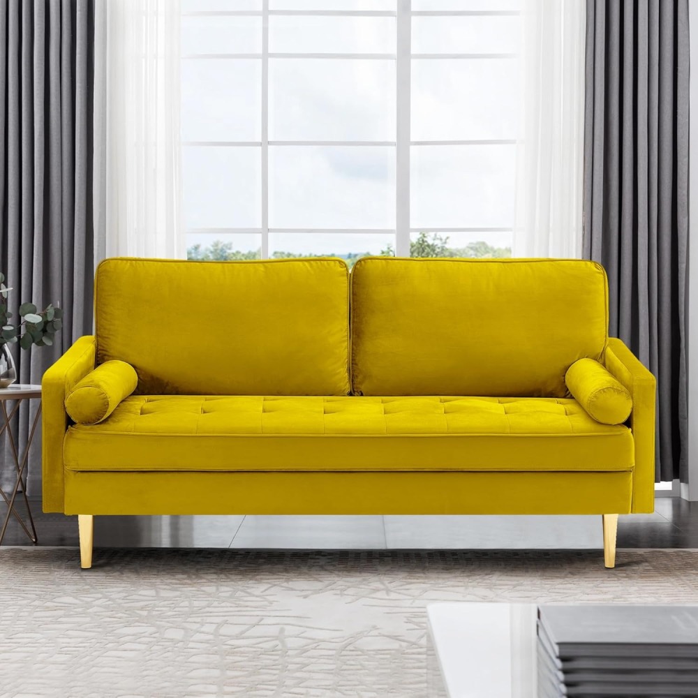 67" LoveSeat Sofa, Love Seat Couch, Mid Century Modern Couchs Velvet Fabric Pull Dot Design Sofas with Two Round Pillows for Small Spaces, Living Room, Dorm, Bedroom, Apartment (67 Navy)
