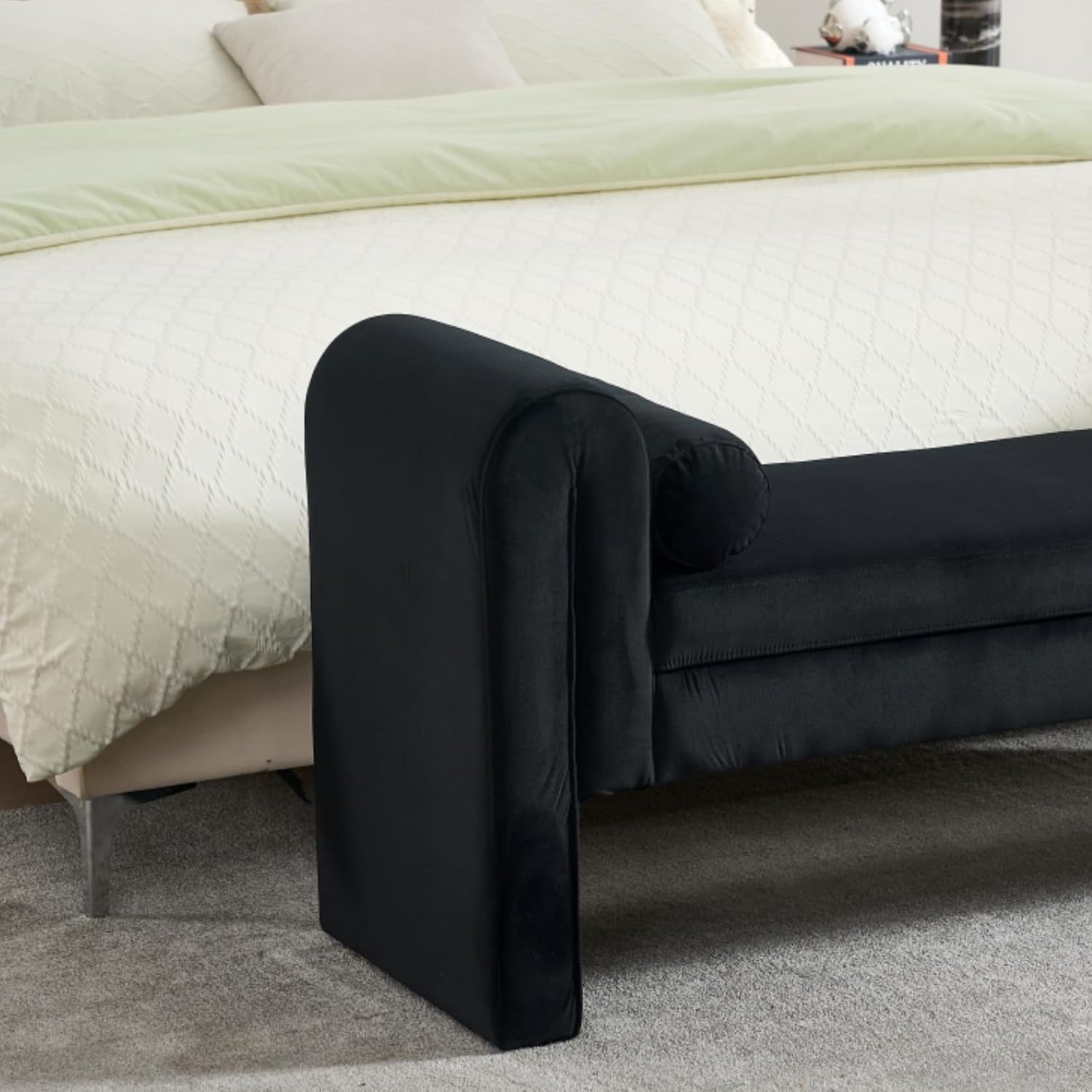 Velvet Bench for Bedroom End of Bed, 60.5- inch Upholstered Button Tufted Ottoman Bench with Rolled Arms, Button-Tufted Ottoman for Living Room, Entryway