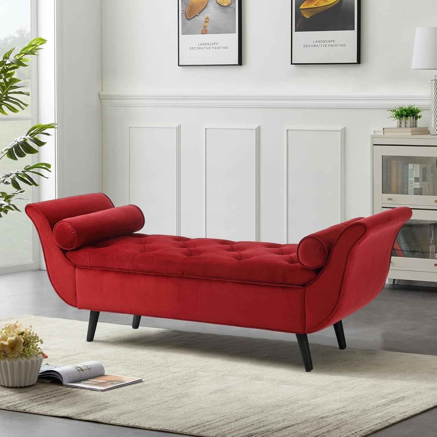 Storage Bench for Bedroom, 65" Velvet End of Bed Bench Button-Tufted Upholstered Storage Ottoman Armed Long Bench Solid Wood Legs 2 Pillows for Entryway Living Room Dining Room