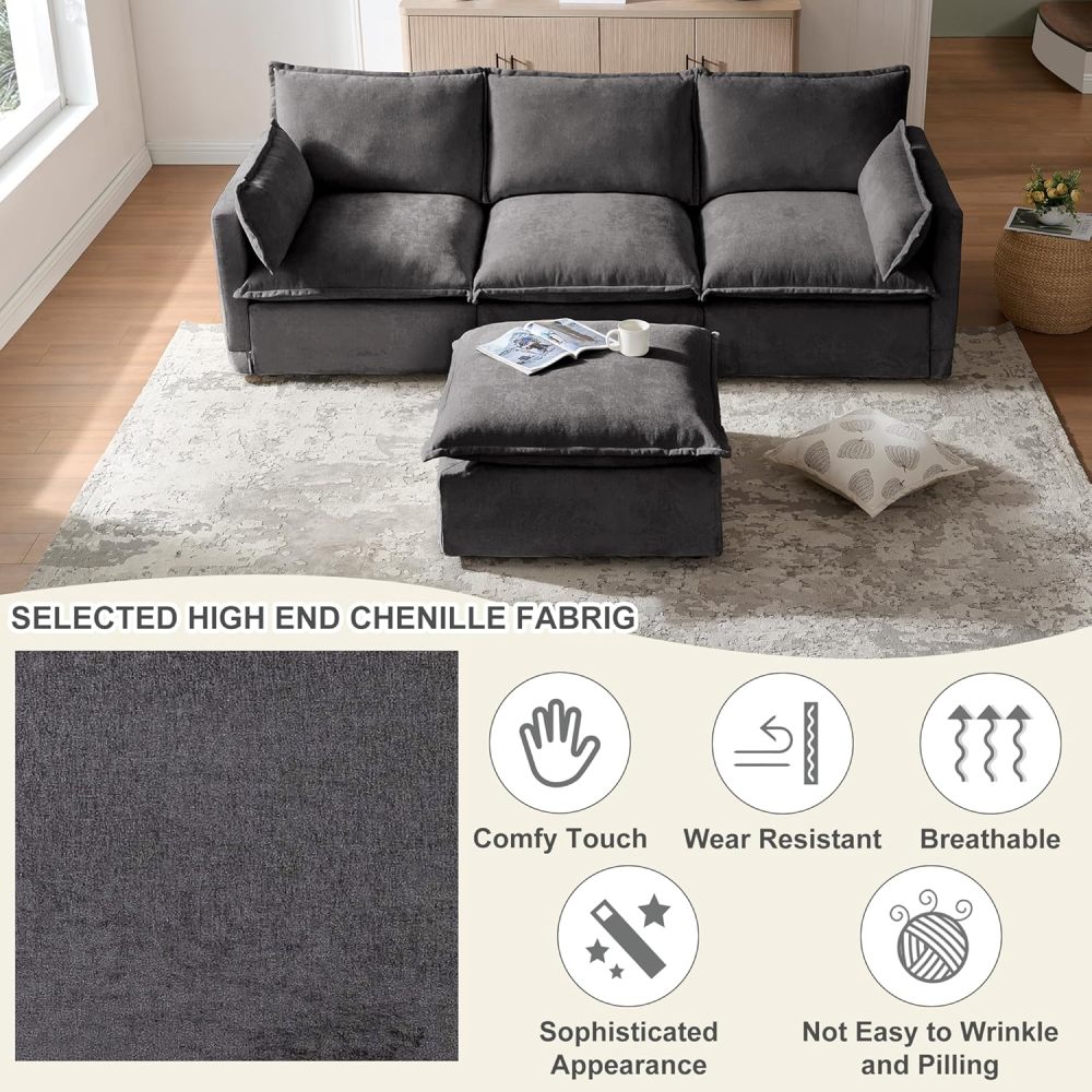 Modular Sectional Sofa, 93.31" L Shaped Couch Set for Living Room 4-Seater Sofa Sectional Couches Deep Seat Sofa with Pillows for Apartment and Office (Grey)