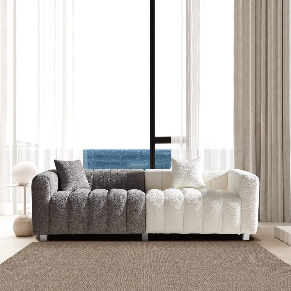 87.4" Mid-Century Sofa Couch, 3 Seater Sofa with Two Pillows, Upholstered Sofa Couch Tufted Teddy Fabric Solid Wood Fram and Legs for Living Room Bedroom Office (Blue)