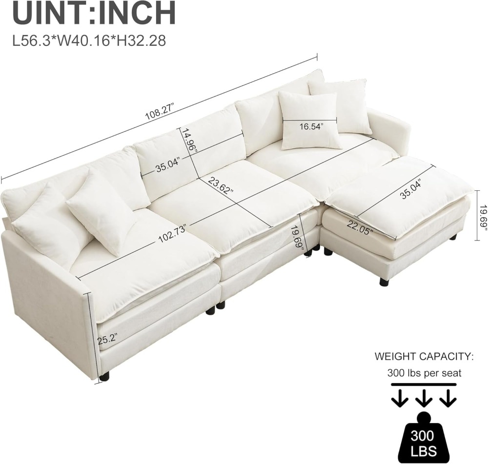 Modular Convertible Sectional Couch, 5 Seat U Shaped Couch Sofa Reversible Chaise Sectional Sofa Deep Seat Cloud Couch Chenille for Home, Apartment, Dorm Living Room