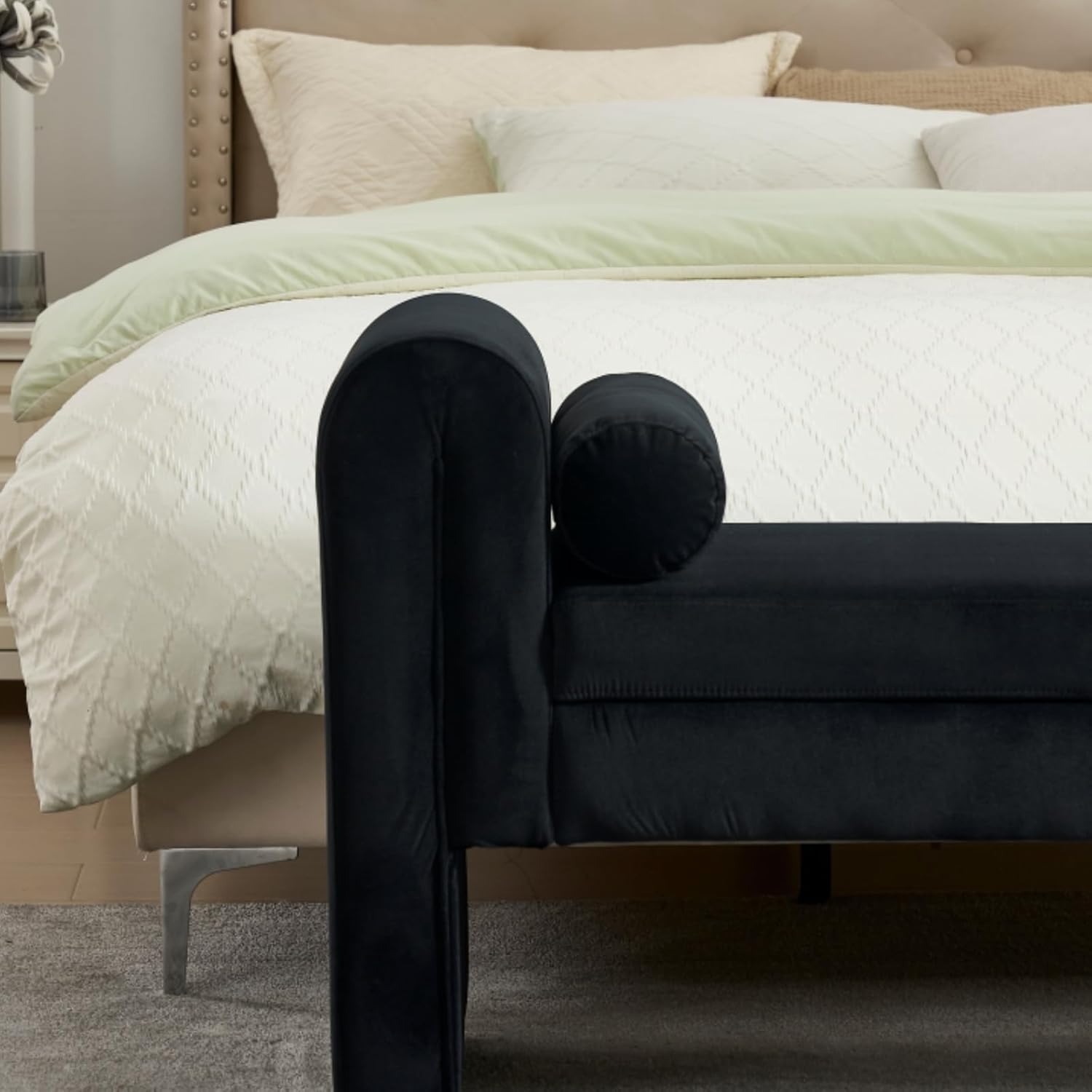 Velvet Bench for Bedroom End of Bed, 60.5- inch Upholstered Button Tufted Ottoman Bench with Rolled Arms, Button-Tufted Ottoman for Living Room, Entryway