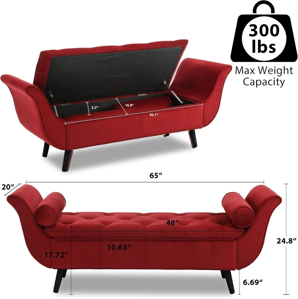 Storage Bench for Bedroom, 65" Velvet End of Bed Bench Button-Tufted Upholstered Storage Ottoman Armed Long Bench Solid Wood Legs 2 Pillows for Entryway Living Room Dining Room