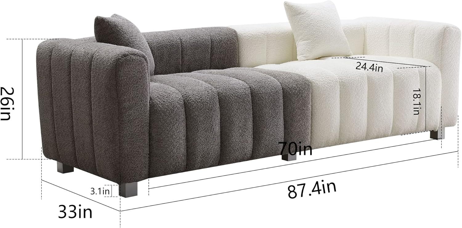87.4" Mid-Century Sofa Couch, 3 Seater Sofa with Two Pillows, Upholstered Sofa Couch Tufted Teddy Fabric Solid Wood Fram and Legs for Living Room Bedroom Office (Blue)