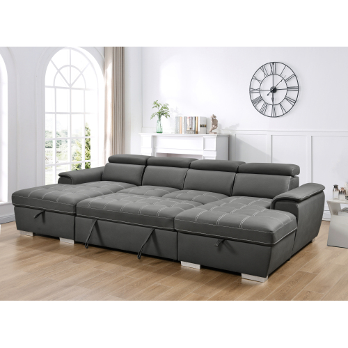 121 inch Overisze - 2 in 1 Pull Out Bed, Adjustable Headrests and Storage Chaise, Microfiber Upholstered 7-Seater Oversized Sectional Sleeper Couch with Ottoman for Living Room. Brown