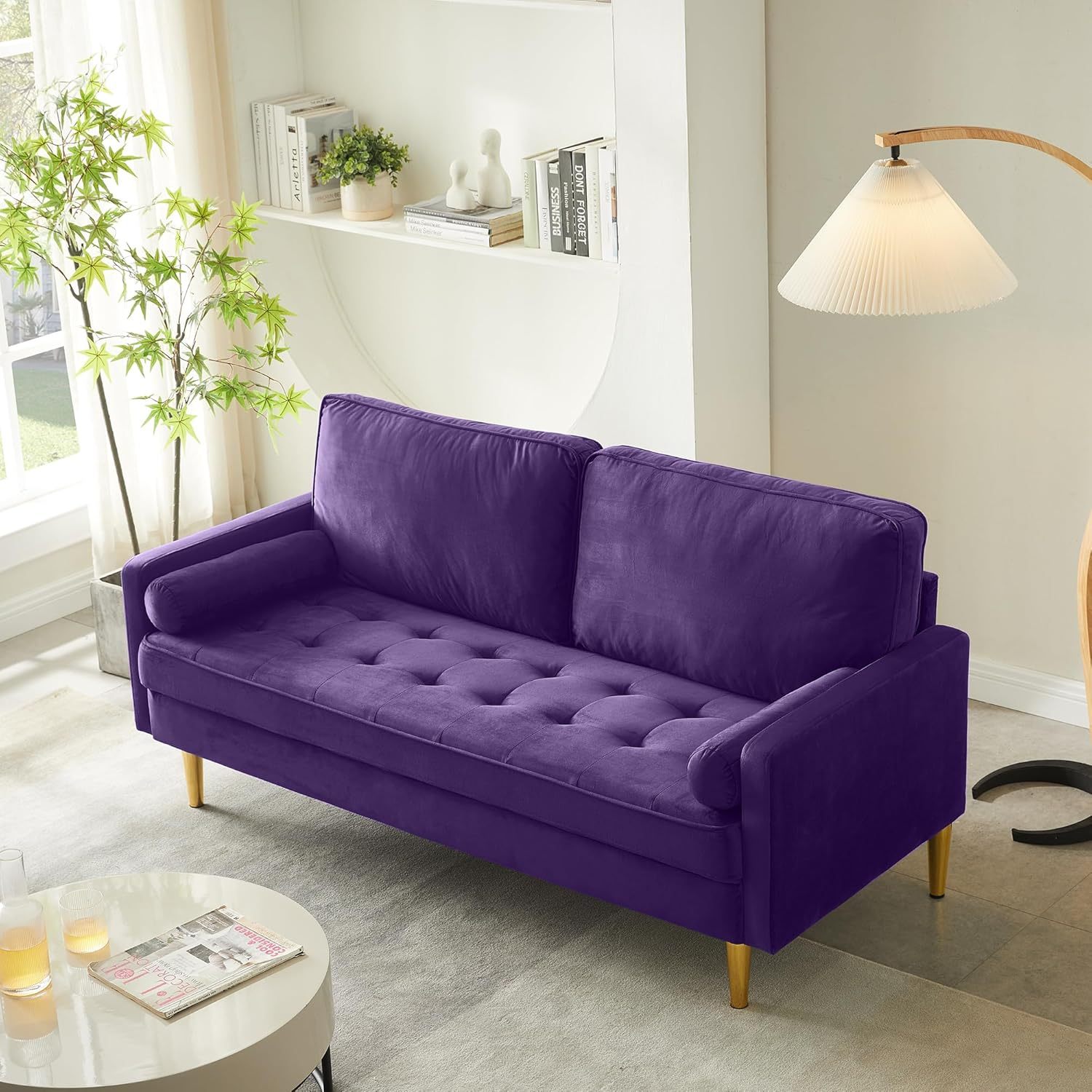 67" LoveSeat Sofa, Love Seat Couch, Mid Century Modern Couchs Velvet Fabric Pull Dot Design Sofas with Two Round Pillows for Small Spaces, Living Room, Dorm, Bedroom, Apartment (67 Navy)