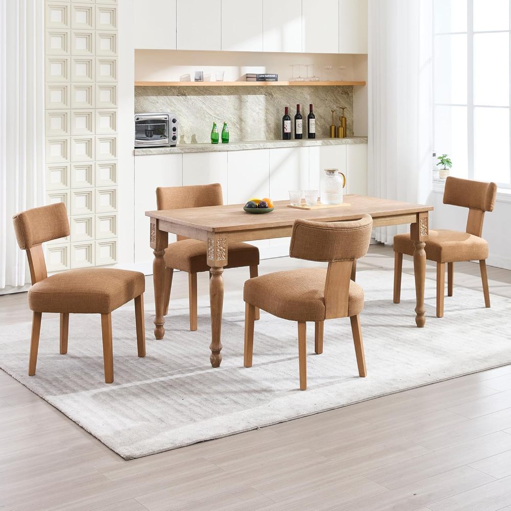 Dining Chairs Set of 2, Farmhouse Linen Fabric Upholstered Kitchen Chairs, Curved Backrest Parson Chairs Side Chairs Solid Wood for Dining Room, Living Room (Brown)