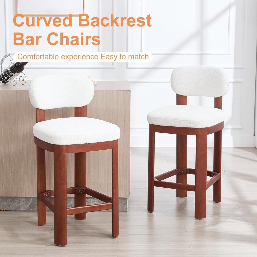 Tall Bar Stools Set of 2, Counter Height Barstools with Back and Wood Legs, Mid Century Modern Bar Chair Island Stool Teddy Fabric for Kitchen Dinner Room (White+Brown Legs)