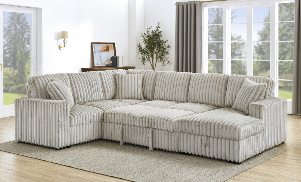 122-Inch Oversized Sectional Sleeper Sofa with Pull Out Bed and Storage Chaise Lounge for Living Room, Plush Extra Soft Corduroy U Shaped 6 Seat Sectional Sofa Bed Couch with USB Port - Gray