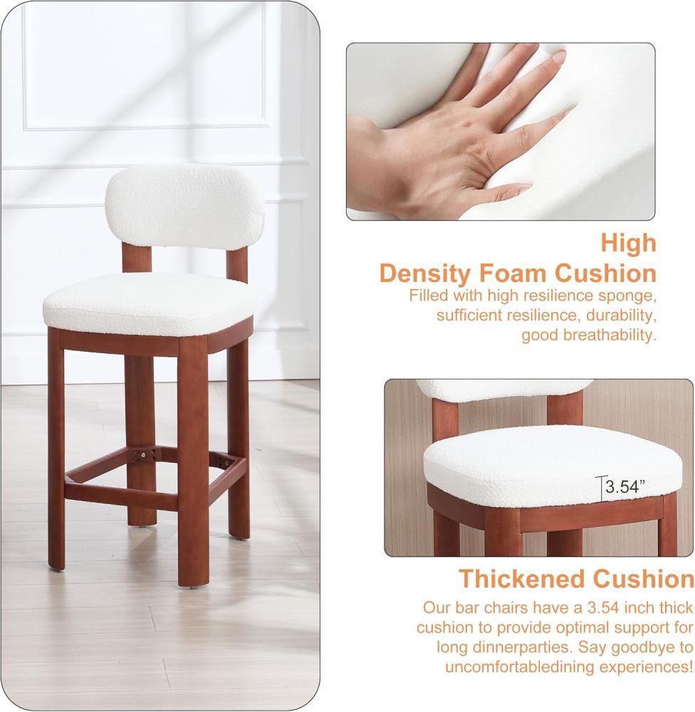 Tall Bar Stools Set of 2, Counter Height Barstools with Back and Wood Legs, Mid Century Modern Bar Chair Island Stool Teddy Fabric for Kitchen Dinner Room (White+Brown Legs)