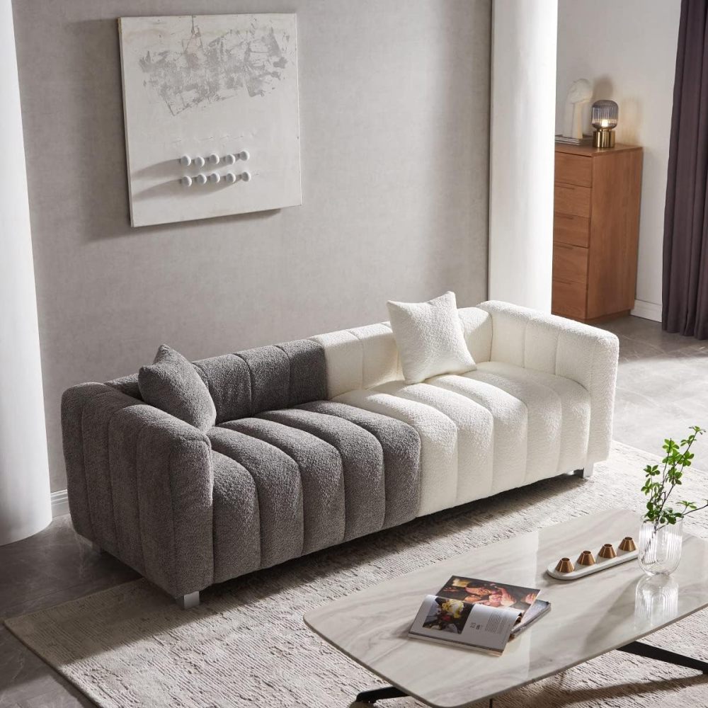 87.4" Mid-Century Sofa Couch, 3 Seater Sofa with Two Pillows, Upholstered Sofa Couch Tufted Teddy Fabric Solid Wood Fram and Legs for Living Room Bedroom Office (Blue)