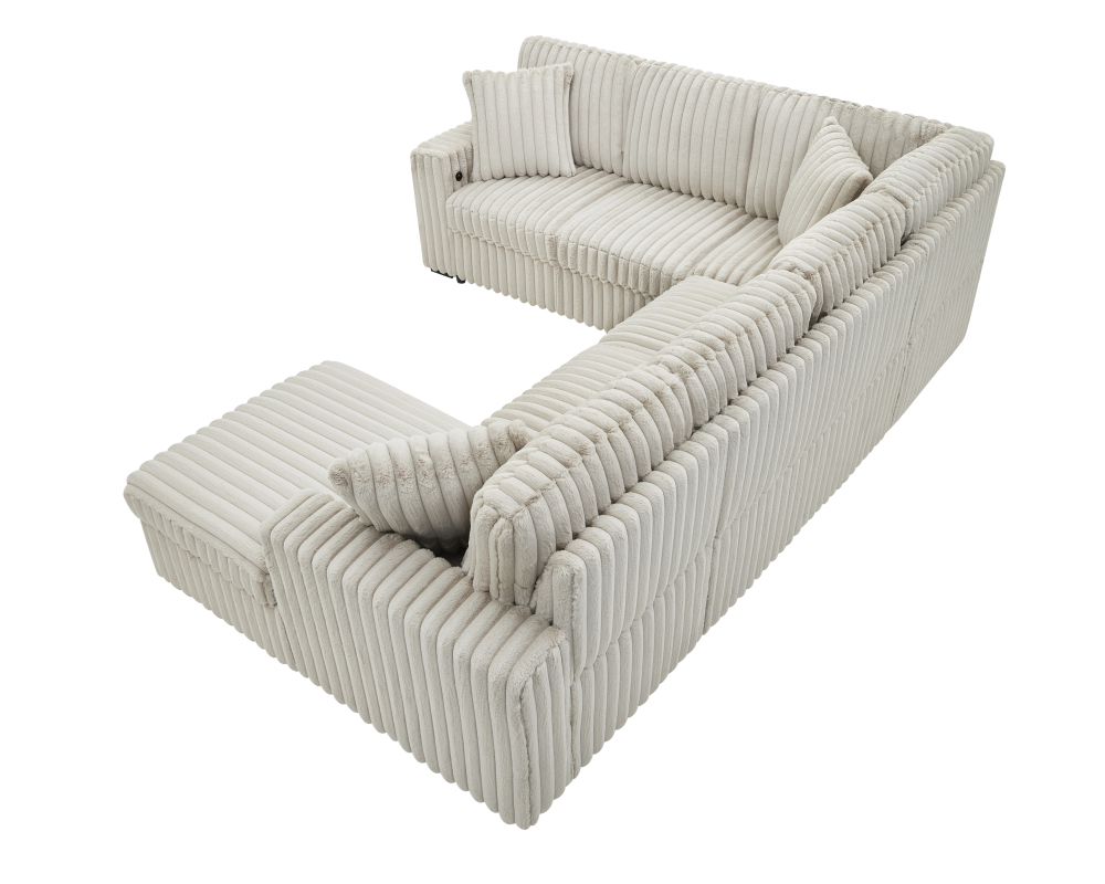122-Inch Oversized Sectional Sleeper Sofa with Pull Out Bed and Storage Chaise Lounge for Living Room, Plush Extra Soft Corduroy U Shaped 6 Seat Sectional Sofa Bed Couch with USB Port - Gray