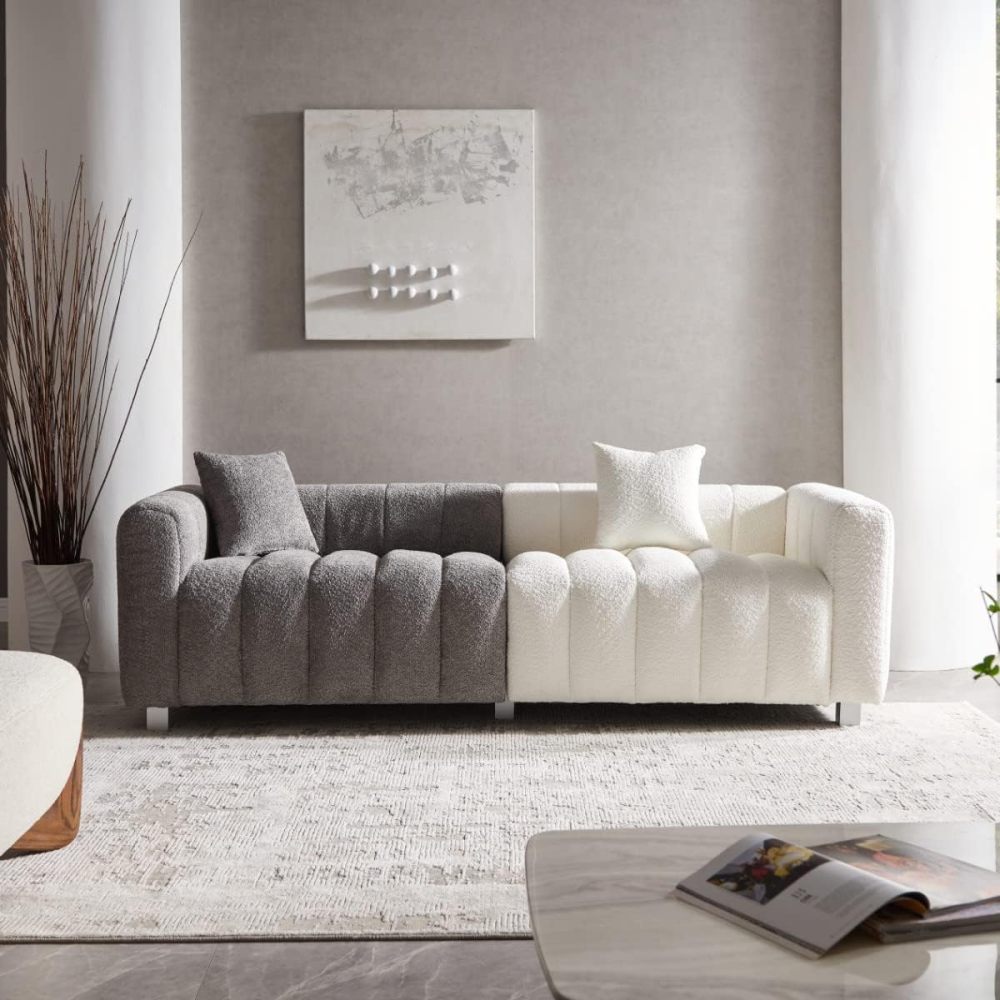 87.4" Mid-Century Sofa Couch, 3 Seater Sofa with Two Pillows, Upholstered Sofa Couch Tufted Teddy Fabric Solid Wood Fram and Legs for Living Room Bedroom Office (Blue)