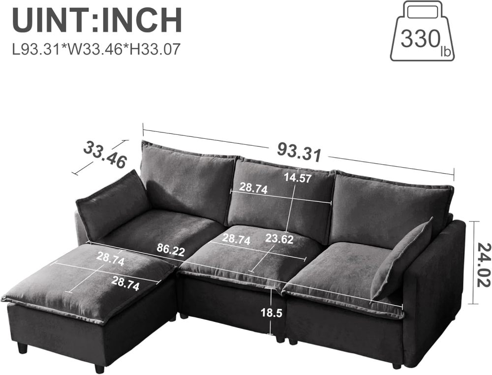 Modular Sectional Sofa, 93.31" L Shaped Couch Set for Living Room 4-Seater Sofa Sectional Couches Deep Seat Sofa with Pillows for Apartment and Office (Grey)