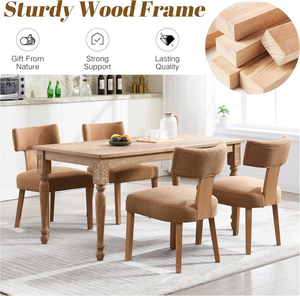 Dining Chairs Set of 2, Farmhouse Linen Fabric Upholstered Kitchen Chairs, Curved Backrest Parson Chairs Side Chairs Solid Wood for Dining Room, Living Room (Brown)