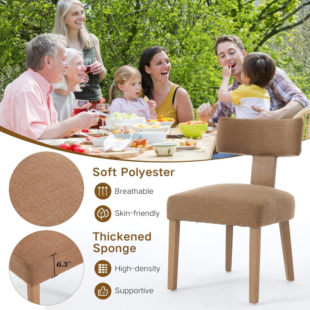 Dining Chairs Set of 2, Farmhouse Linen Fabric Upholstered Kitchen Chairs, Curved Backrest Parson Chairs Side Chairs Solid Wood for Dining Room, Living Room (Brown)