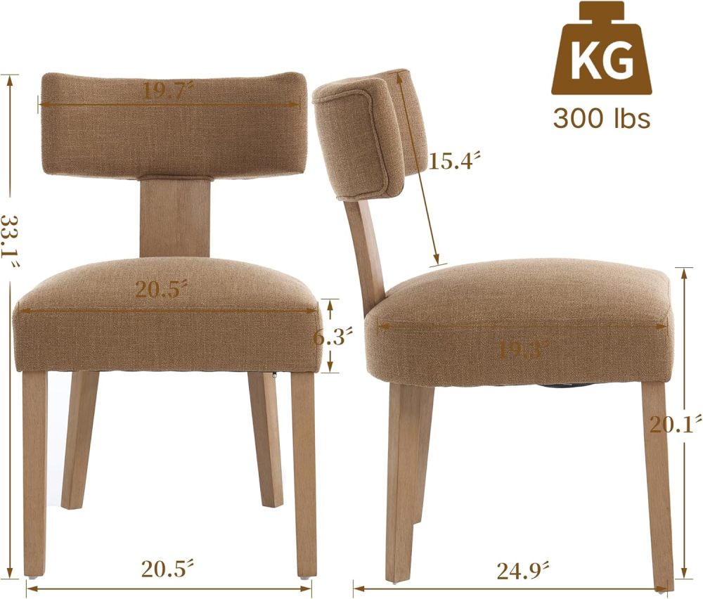 Dining Chairs Set of 2, Farmhouse Linen Fabric Upholstered Kitchen Chairs, Curved Backrest Parson Chairs Side Chairs Solid Wood for Dining Room, Living Room (Brown)