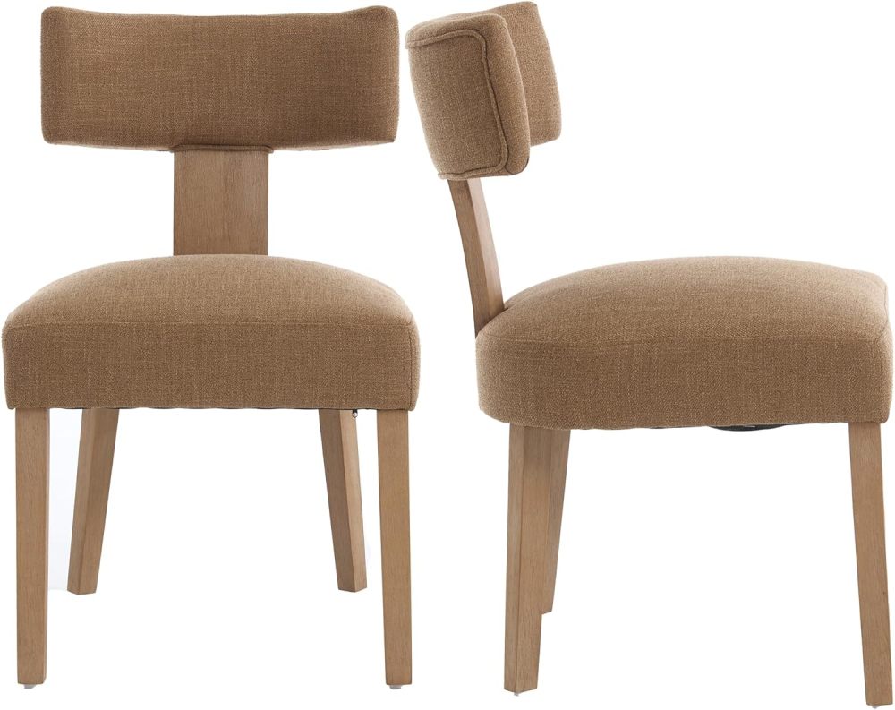 Dining Chairs Set of 2, Farmhouse Linen Fabric Upholstered Kitchen Chairs, Curved Backrest Parson Chairs Side Chairs Solid Wood for Dining Room, Living Room (Brown)