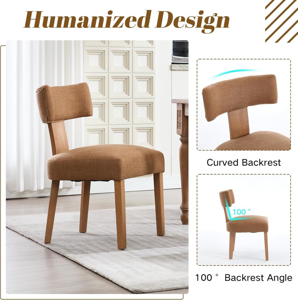 Dining Chairs Set of 2, Farmhouse Linen Fabric Upholstered Kitchen Chairs, Curved Backrest Parson Chairs Side Chairs Solid Wood for Dining Room, Living Room (Brown)