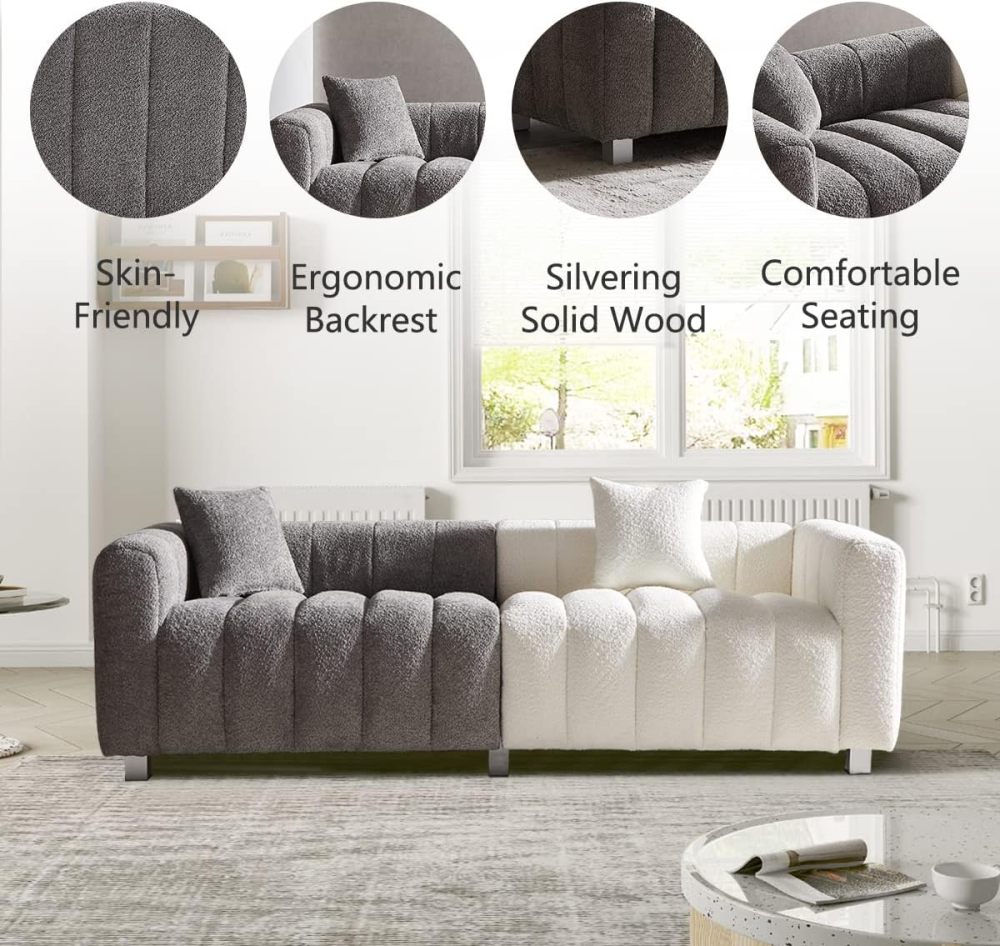 87.4" Mid-Century Sofa Couch, 3 Seater Sofa with Two Pillows, Upholstered Sofa Couch Tufted Teddy Fabric Solid Wood Fram and Legs for Living Room Bedroom Office (Blue)