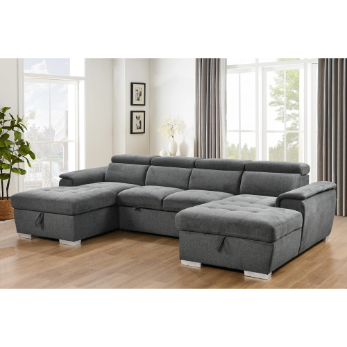 121 inch Overisze - 2 in 1 Pull Out Bed, Adjustable Headrests and Storage Chaise, Microfiber Upholstered 7-Seater Oversized Sectional Sleeper Couch with Ottoman for Living Room. Brown