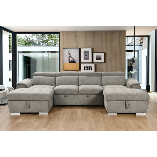 121 inch Overisze - 2 in 1 Pull Out Bed, Adjustable Headrests and Storage Chaise, Microfiber Upholstered 7-Seater Oversized Sectional Sleeper Couch with Ottoman for Living Room. Brown