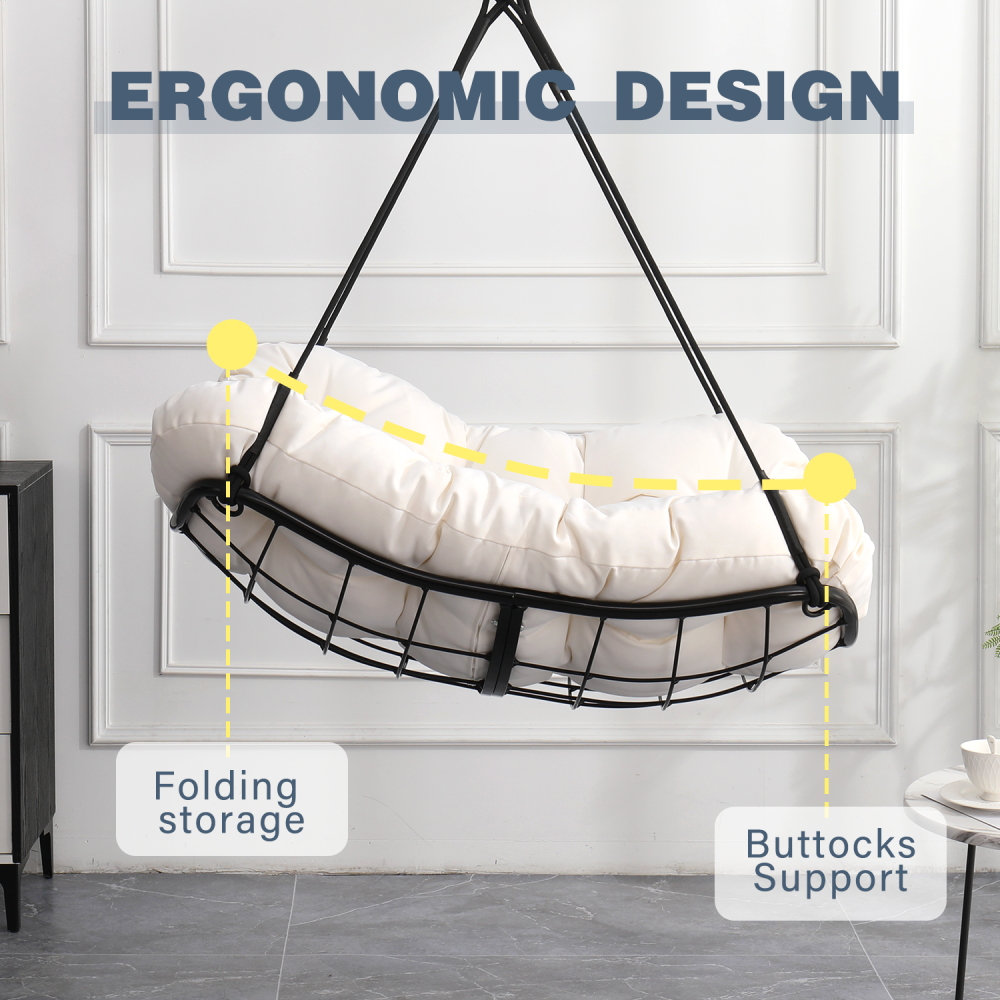 Hammock Chair Swing with Cushion - Outdoor Indoor Hanging Hammock Chair for Patio, Porch, Bedroom, Garden, Courtyard, Balcony - Sturdy Steel Bar with Anti-Slip Safety Rings